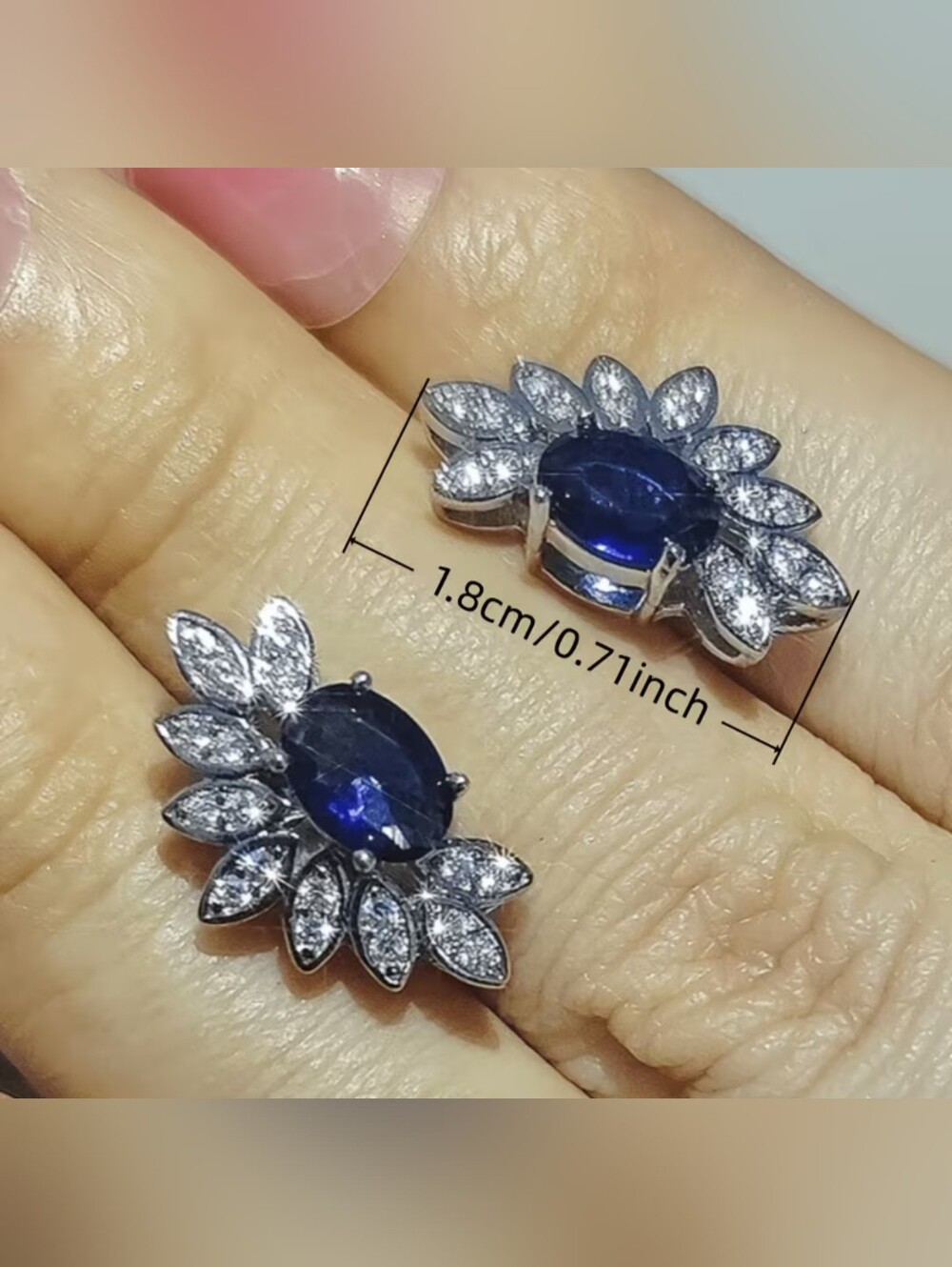 White Rhodium Sapphire Blue Crystal Stud Earrings - Picture 3 of 3